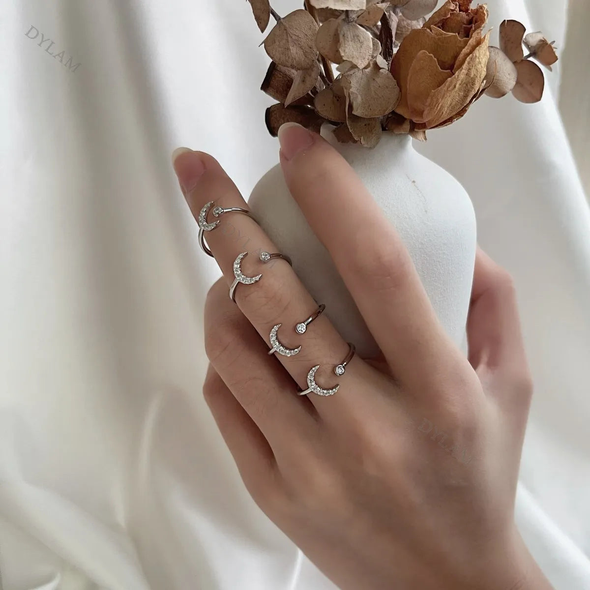 Jewelry Acoessories Luxury Delicate Trendy 5A CZ Stone Open Adjustable S925 Sterling Silver Women Moon Rings
