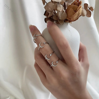 Jewelry Acoessories Luxury Delicate Trendy 5A CZ Stone Open Adjustable S925 Sterling Silver Women Moon Rings