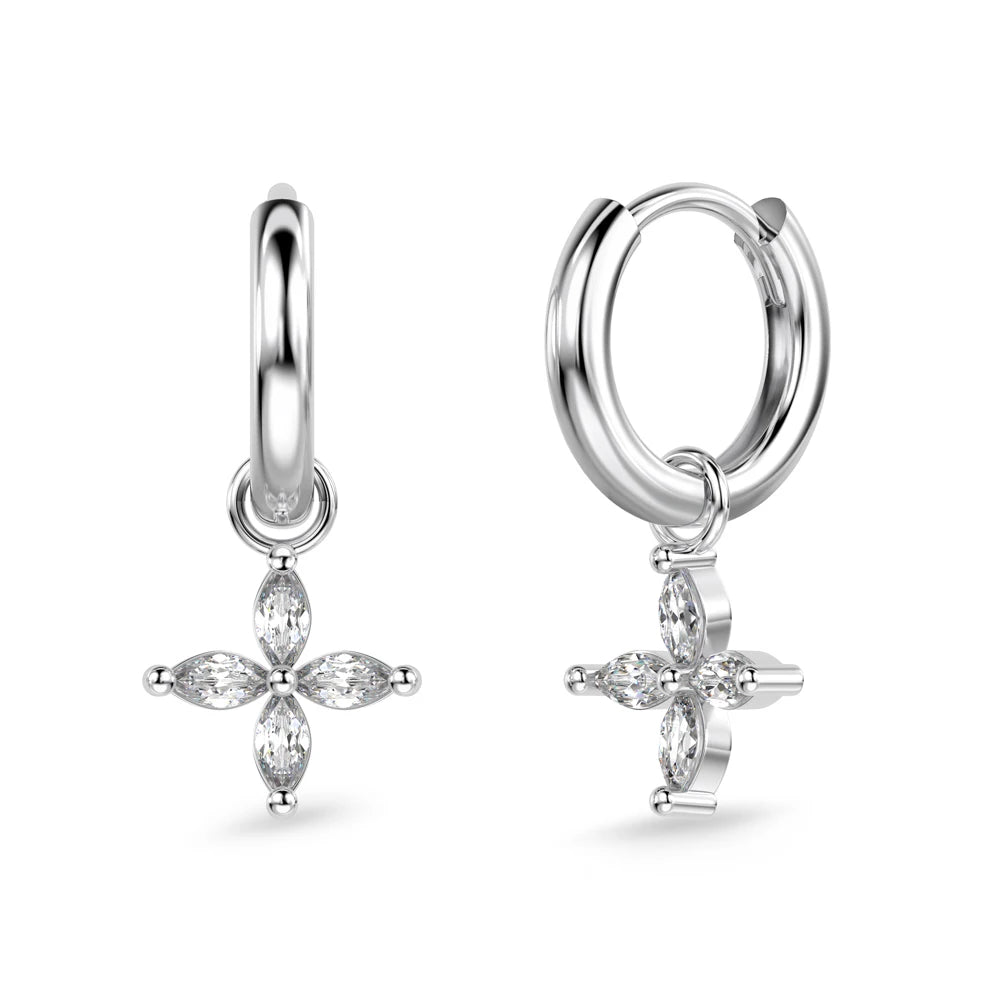 Delicate Simplicity Design Women Fine Jewelry S925 Silver 5A Zirconia Marquise Stone Flower Pendant Dangle Hoop Earrings