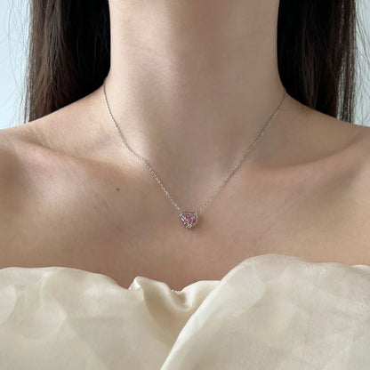 Cz Cubic Zirconia Chain Link Necklace Shiny S925 Silver Pendant Pink Heart Shape Necklaces for Women Party Jewelry Gift