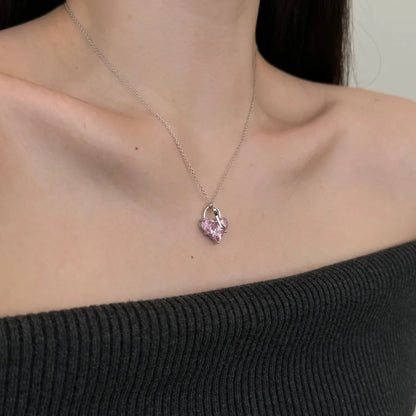 Cute New Design Women Dress up Jewelry S925 Silver Chain Pink 5A Cubic Zirconia Heart Key Pendant Necklaces Jewellery