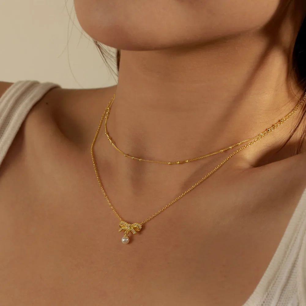 Wholesale Cubic Zirconia Bow Necklace Elegant Sweet Double-Layer Clavicle Chain 925 Silver 18K Gold Plated Necklaces Women