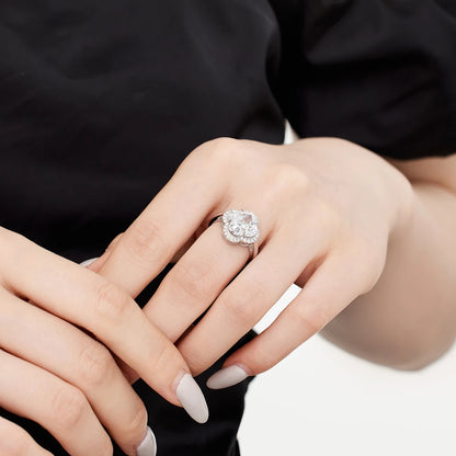 Charm Jewelry 925 Sterling Silver Rhodium Plated Eternity Band Blossom Flower Four-Leaf Clover Zirconia Women Rings