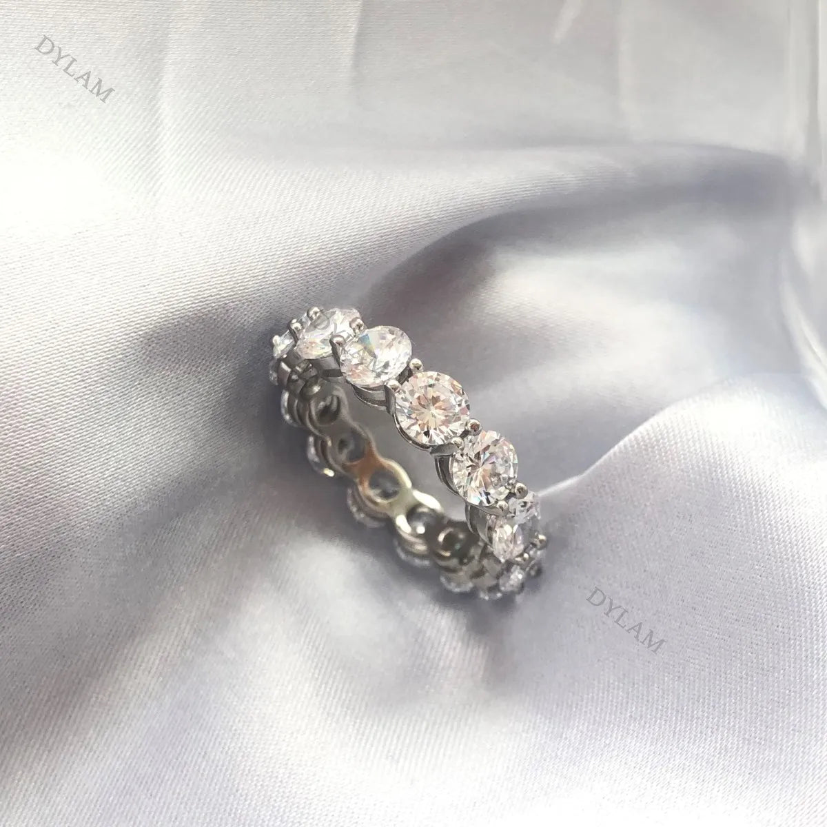Classic Design Jewelry Women Rhodium Plated 925 Sterling Silver Eternity Band 5A Cubic Zirconia Wedding Promise Ring