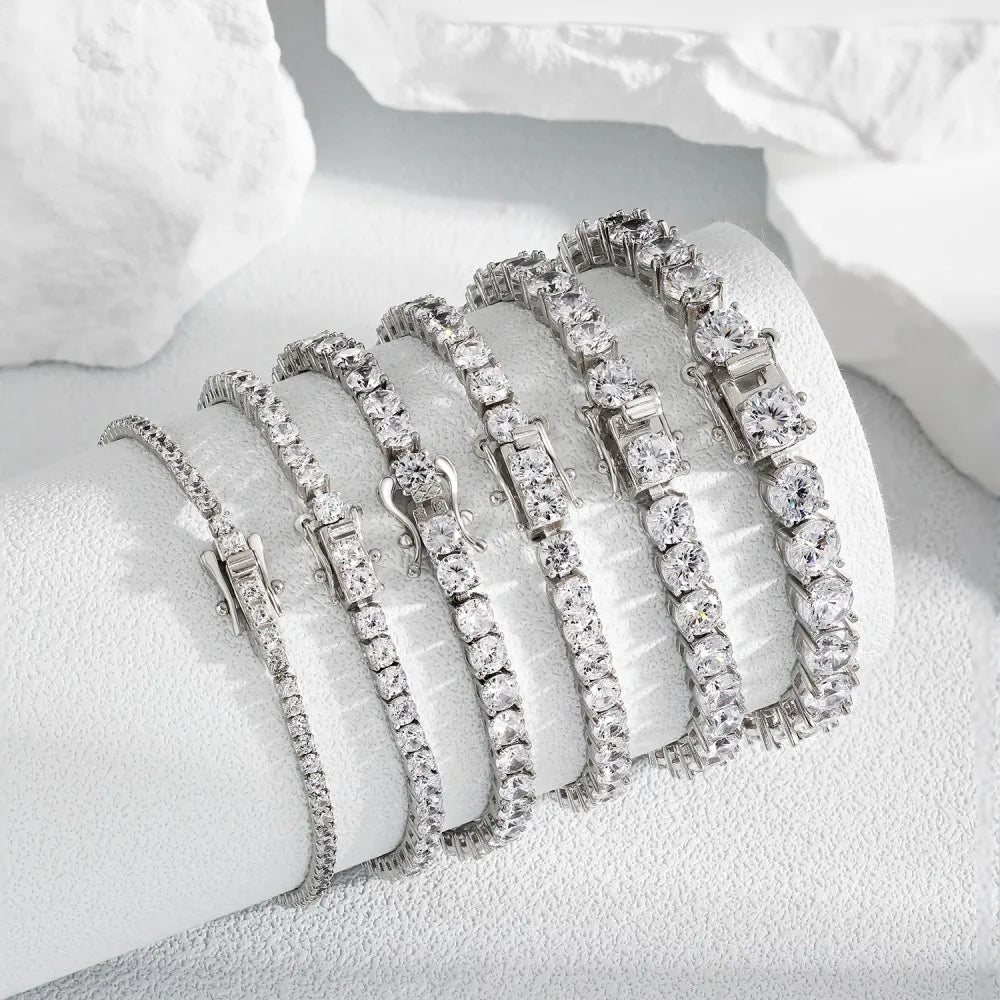 No Moq  Fine Jewelry S925 Sterling Silver Rhodium Plated  Round Cut 4mm 5A Cubic Zirconia Tennis Bracelets Bangles