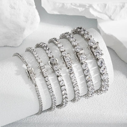No Moq  Fine Jewelry S925 Sterling Silver Rhodium Plated  Round Cut 4mm 5A Cubic Zirconia Tennis Bracelets Bangles