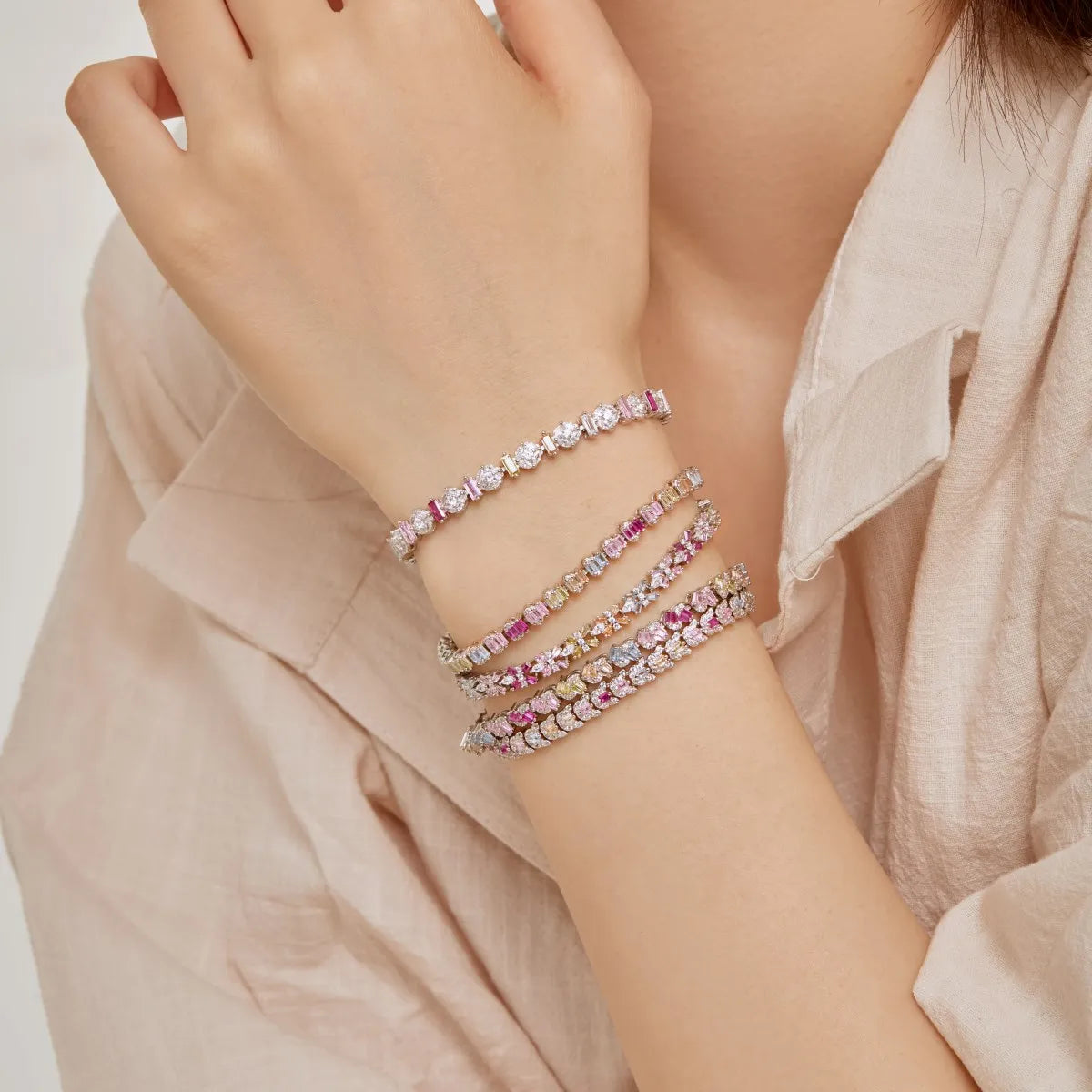 Wholesale Jewelry 18K Gold Plated S925 Sterling Silver Rainbow Bracelet Colorful Baguette  Tennis Bracelets Women