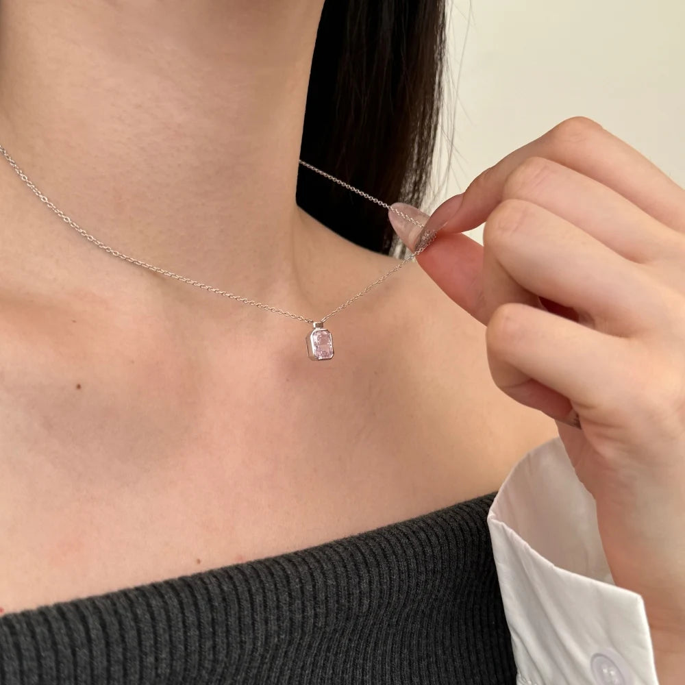 Luxury Fine Jewelry S925 Silver Solitaire Rectangle 8A Crushed Iced Out Cut Cubic Zirconia Pendant Necklace for Women