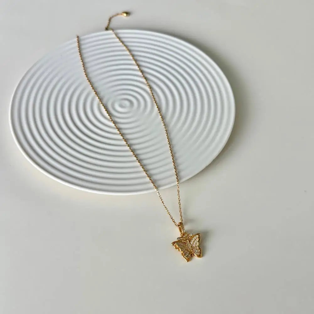 22K Gold Plated  Cz Cubic Zirconia Butterfly Pendant Necklaces Jewelry Women
