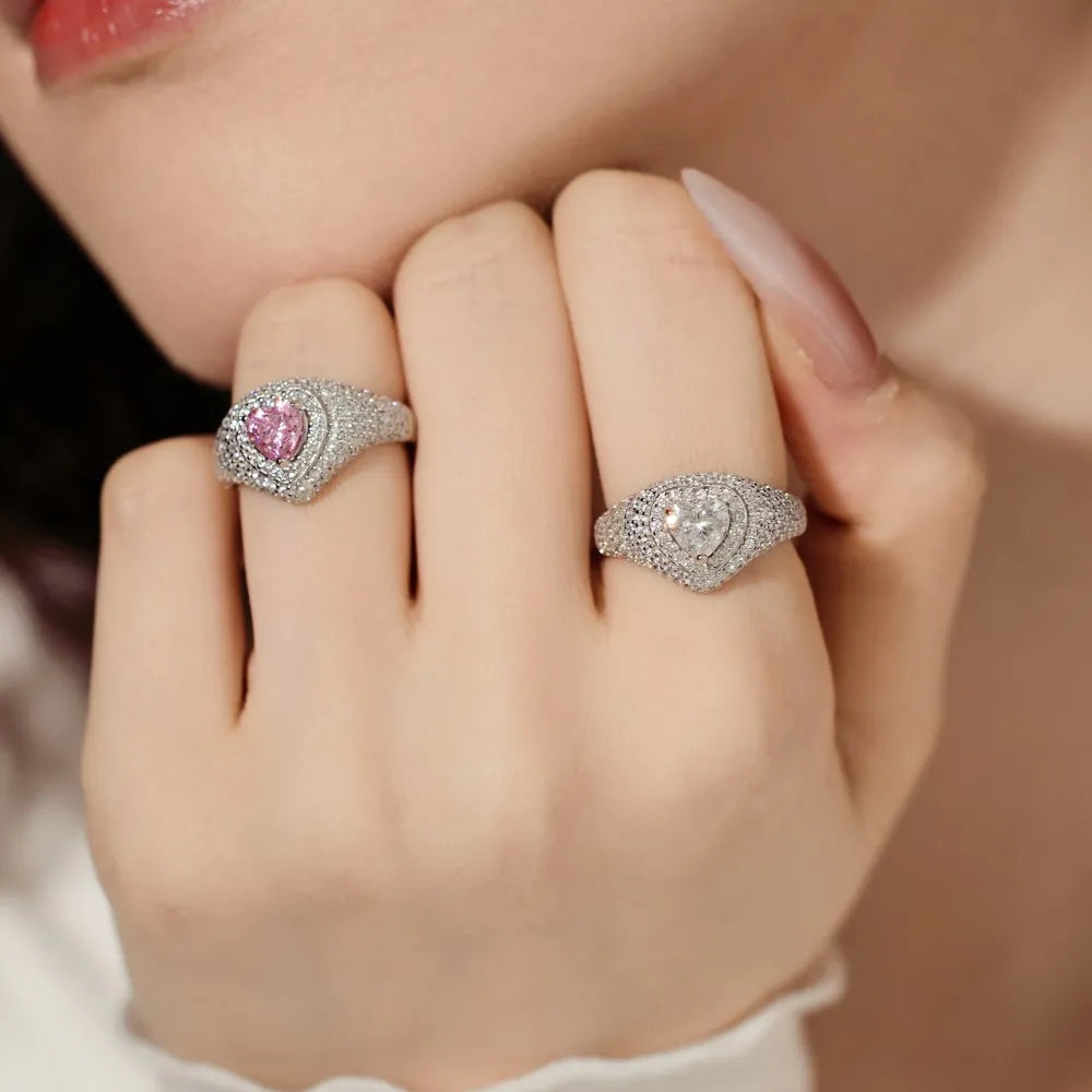 Delicate Christmas Festival Xmas Gifts 925 Sterling Silver Chunky Heart Shape Stone 5A Zirconia Promise Jewelry Rings