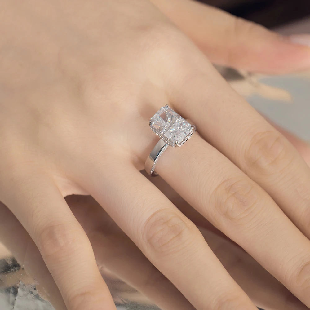 Fine Jewelry Sterling Silver Non Fade Rhodium Plated Rectangle 8A Crushed Iced Out Cut Cubic Zirconia Women Bridal Rings