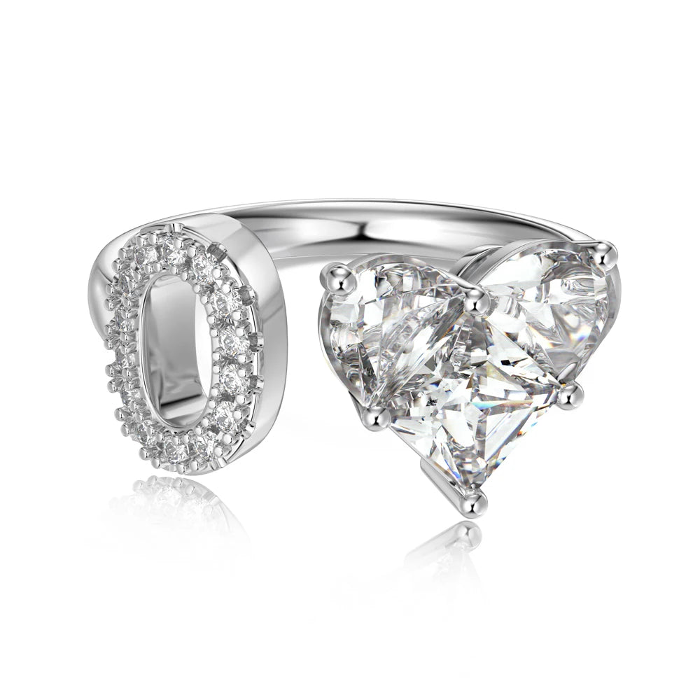Open Adjustable A-Z Alphabets 925 Sterling Silver 0.75 Ct Heart Love Initial O Engagement Wedding Band Promise Rings
