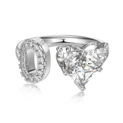 Open Adjustable A-Z Alphabets 925 Sterling Silver 0.75 Ct Heart Love Initial O Engagement Wedding Band Promise Rings
