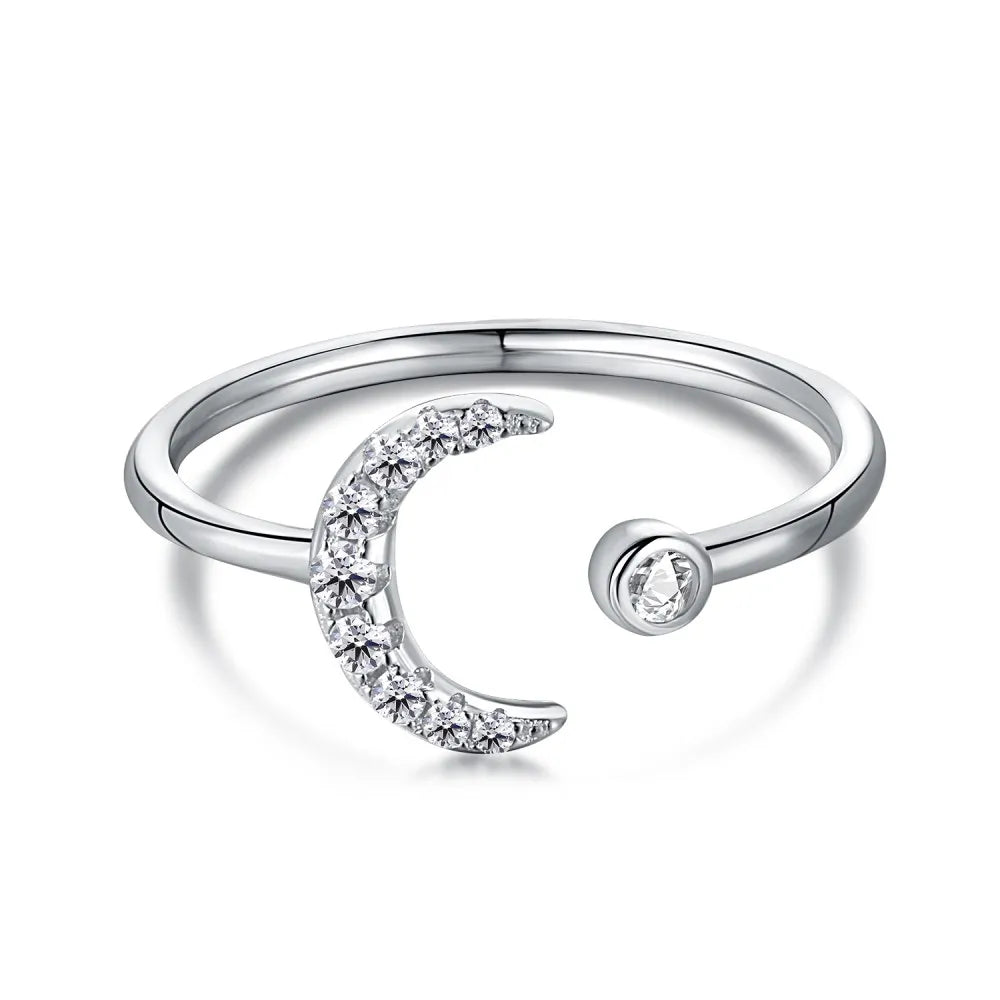 Jewelry Acoessories Luxury Delicate Trendy 5A CZ Stone Open Adjustable S925 Sterling Silver Women Moon Rings