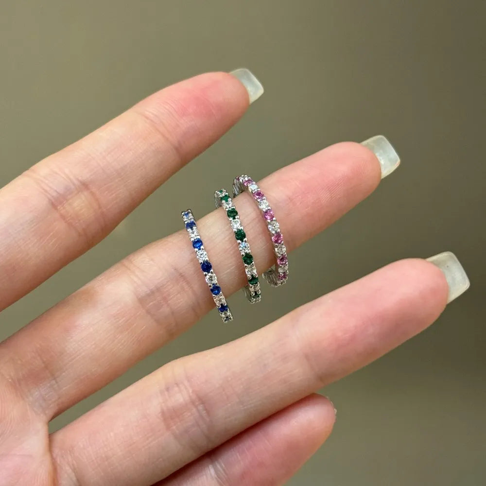 Dainty Classic Design S925 Silver Eternity Band Baguette Pink Green Blue 5A Cubic Zirconia Wedding Promise Bridal Rings