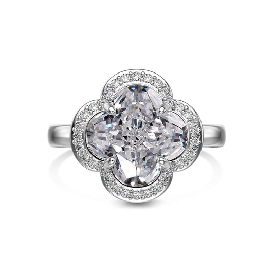 Charm Jewelry 925 Sterling Silver Rhodium Plated Eternity Band Blossom Flower Four-Leaf Clover Zirconia Women Rings