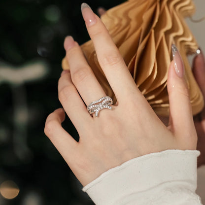 Trendy Design Christmas Xmas Jewelry Gift 925 Sterling Silver Double Layers Bow-knot 5A Cubic Zirconia Shiny Jewelry Rings