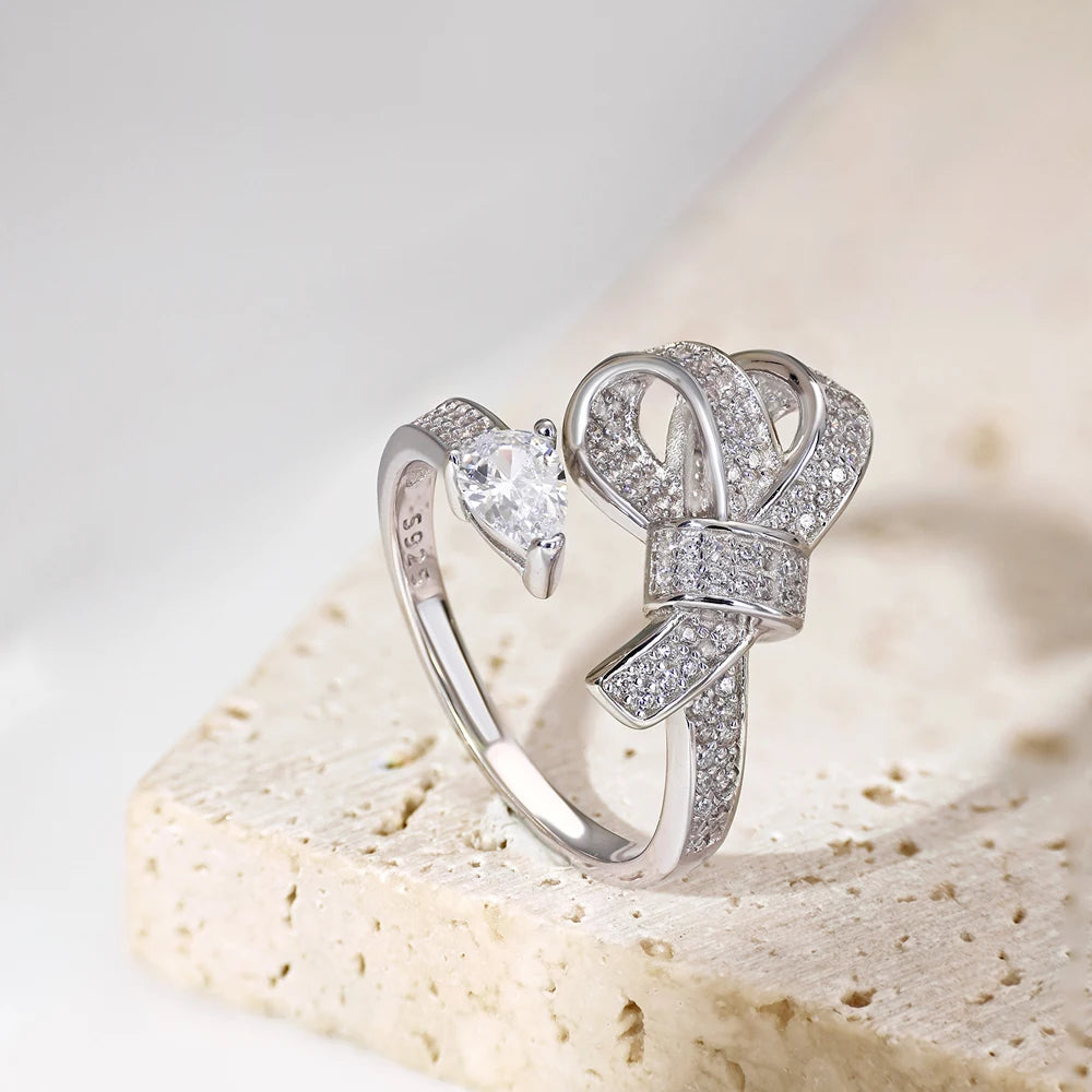 New Arrival Stylish S925 Silver Jewelry Rhodium Plated Resizable 5A Cubic Zirconia Sparkling Adjustable Bow Tie Rings