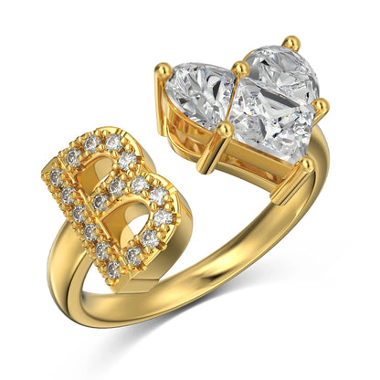 B Initial Letter Ring for Women Gold Stackable Alphabet Ring with Love Heart Shape 5A Cubic Zirconia Rings Bridesmaid Gift