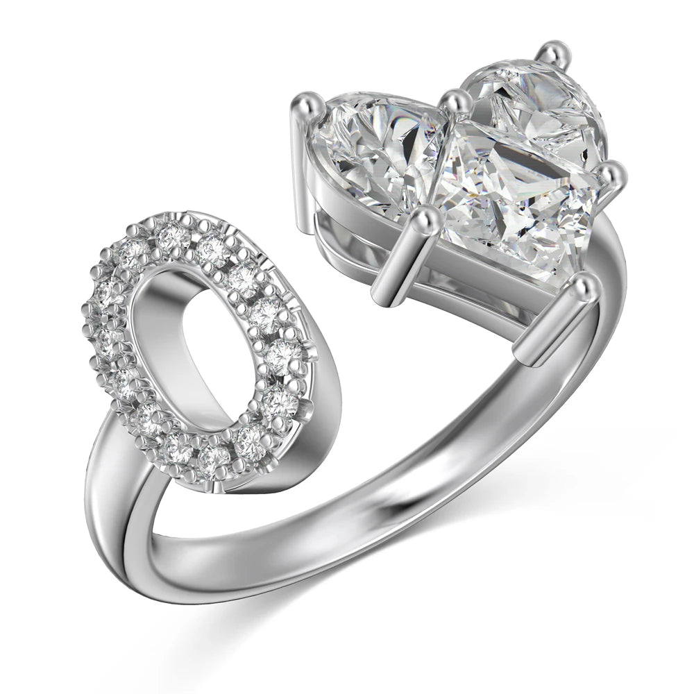 Open Adjustable A-Z Alphabets 925 Sterling Silver 0.75 Ct Heart Love Initial O Engagement Wedding Band Promise Rings