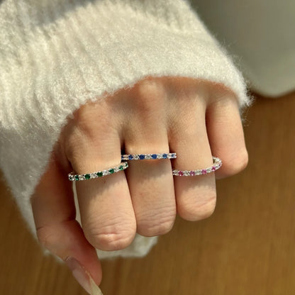 Dainty Classic Design S925 Silver Eternity Band Baguette Pink Green Blue 5A Cubic Zirconia Wedding Promise Bridal Rings