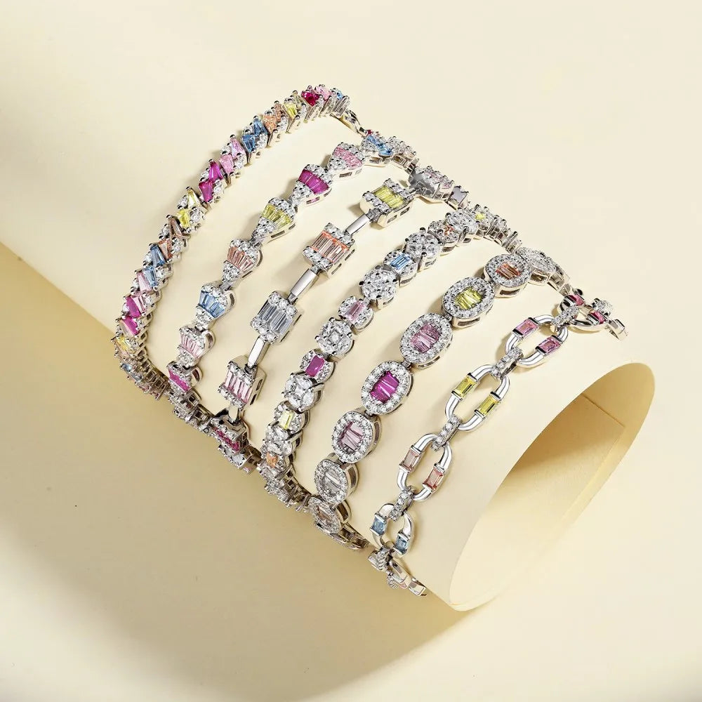 Square Shape Colorful S925 Sterling Silver Bracelet Jewelry Set Cubic Zirconia Pink Stone  Tennis Bracelets Women