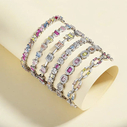 Square Shape Colorful S925 Sterling Silver Bracelet Jewelry Set Cubic Zirconia Pink Stone  Tennis Bracelets Women