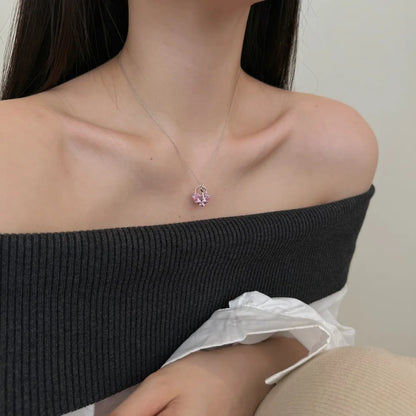Cute New Design Women Dress up Jewelry S925 Silver Chain Pink 5A Cubic Zirconia Heart Key Pendant Necklaces Jewellery