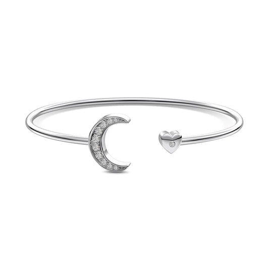 Simple S925 Sterling Silver Bangle Handmade 5A Cz Cubic Zirconia Heart and Moon Shaped Bracelet Cuff Bangles for Women