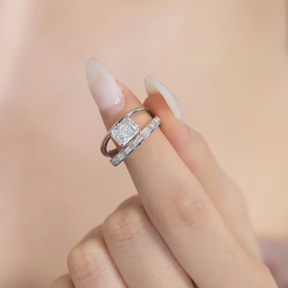 Dainty Charm Design S925 Silver Non Fade Rhodium Plated Double Layer Rectangle 8A Crushed Ice Out Cut Zirconia Women Rings