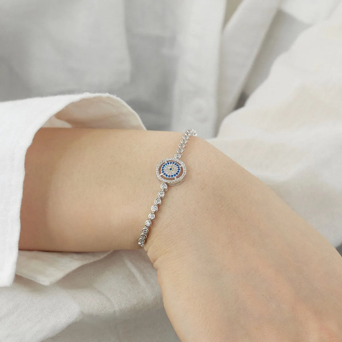 Vintage Waterproof 925 Sterling Silver Lucky Blue Evil Eyes Chain Bracelet Sparkling Cz Cubic Zirconia Bracelets for Women