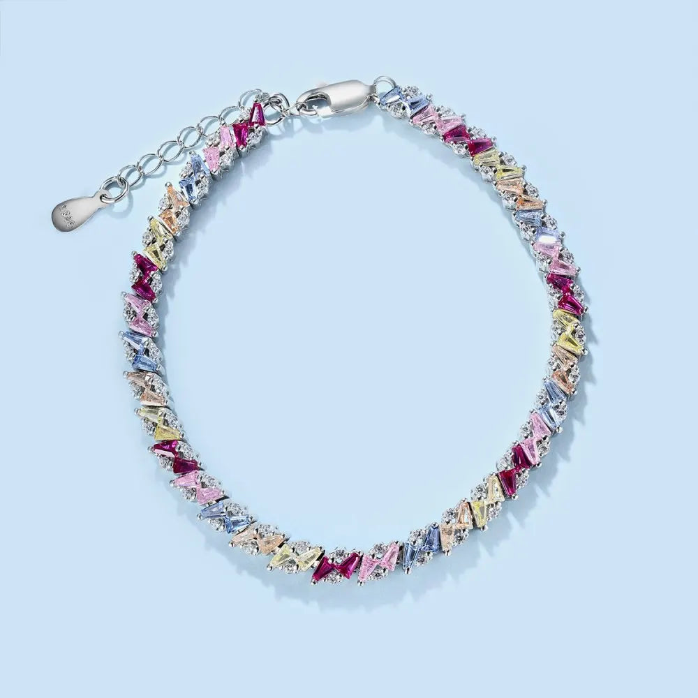 Eternity Band Colorful S925 Sterling Silver Bracelet Jewelry Set Cubic Zirconia Pink Stone  Tennis Bracelets Women