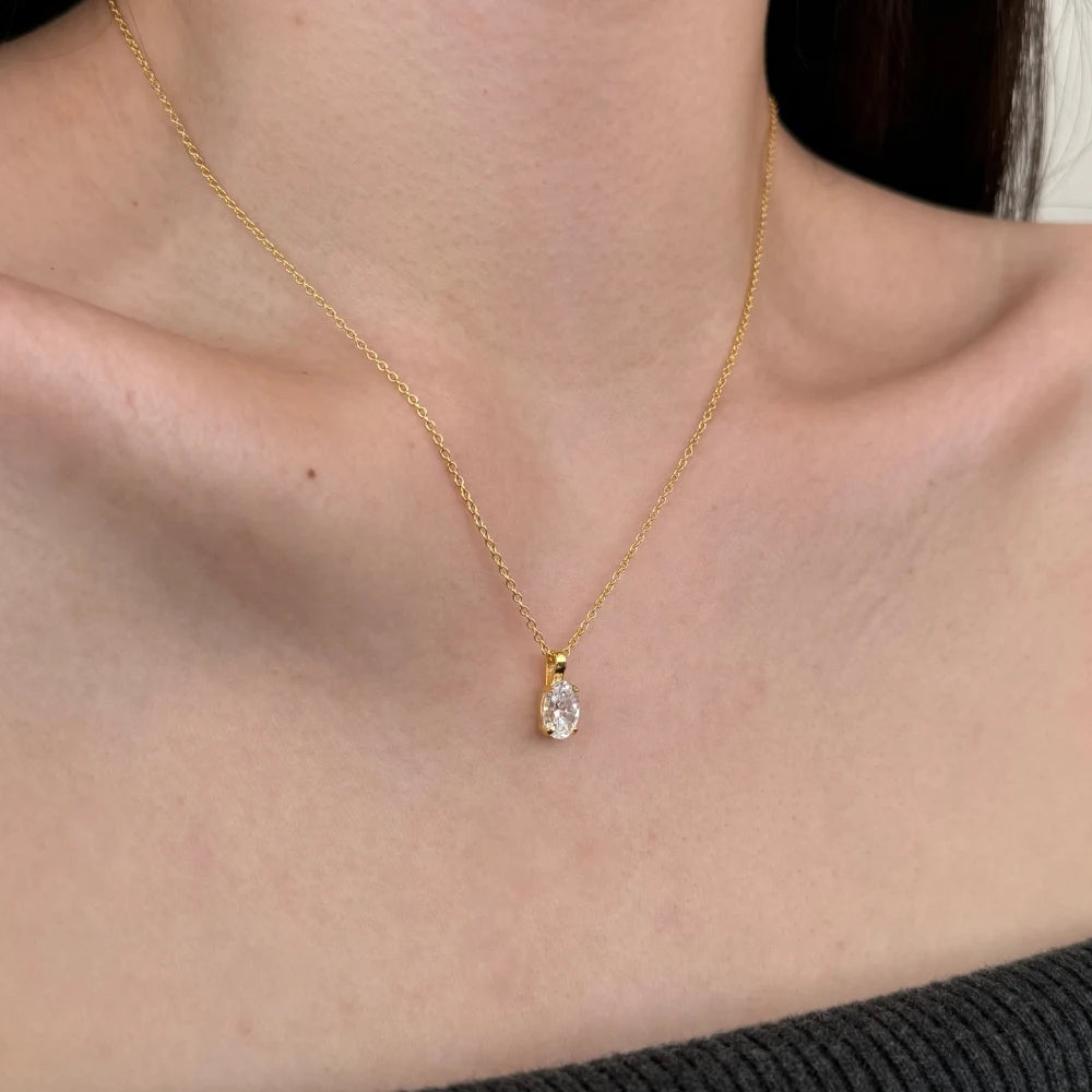 Exquisite Delicate Women Girls Fine Jewelry S925 Silver Solitaire Egg Oval Shape 5A Cubic Zirconia Pendant Necklace