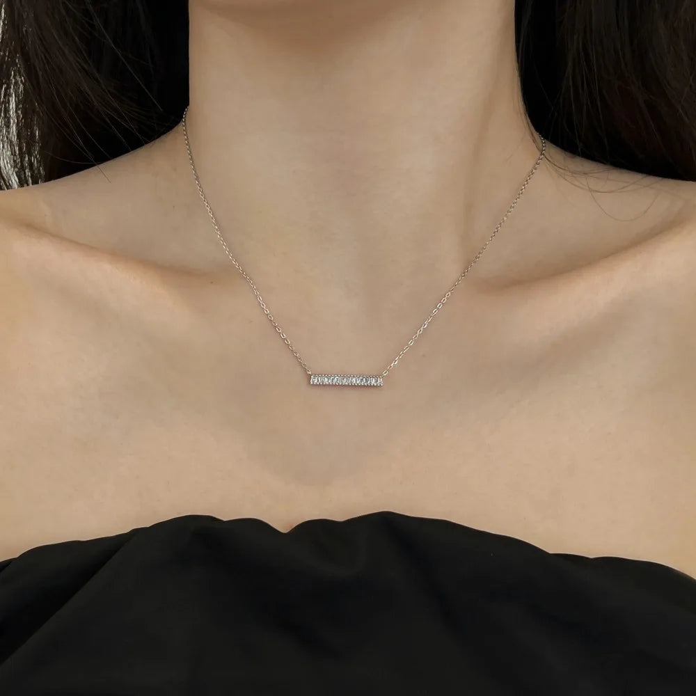 New Design 925 Silver Fine Jewelry 18K Gold Plated Rectangle Necklace Bling Cz Elegant Long Bar Pendant Necklaces for Women