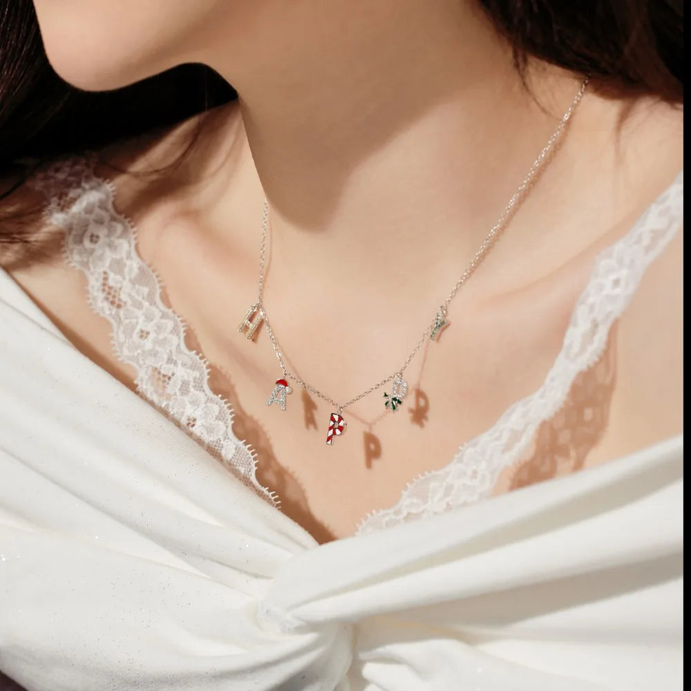 Trending Design Fine Fashion Jewelry S925 Silver Happy New Year Merry Christmas Zircon Alphabet Pendant Necklace