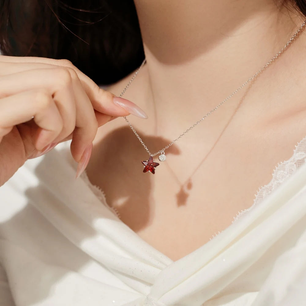 Luxurious Christmas Xmas Festival Gift Jewelry Sterling Silver 5A Cubic Zirconia Ruby Gemstone Star Pendant Necklaces