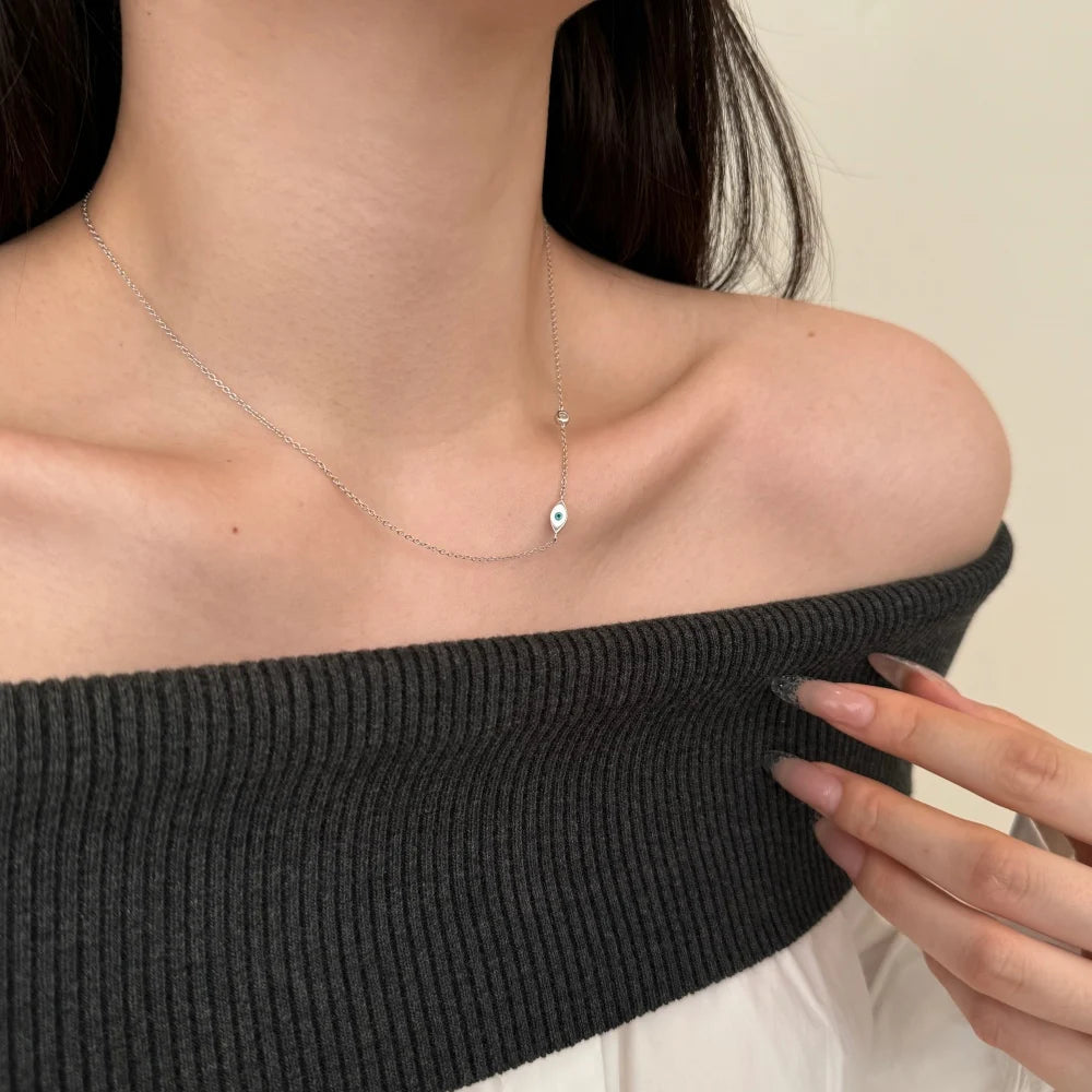Simplicity Design Solid 925 Sterling Silver Link Chain Enamel 5A Cubic Zirconia Evil Blue Eyes Chain Necklace for Women