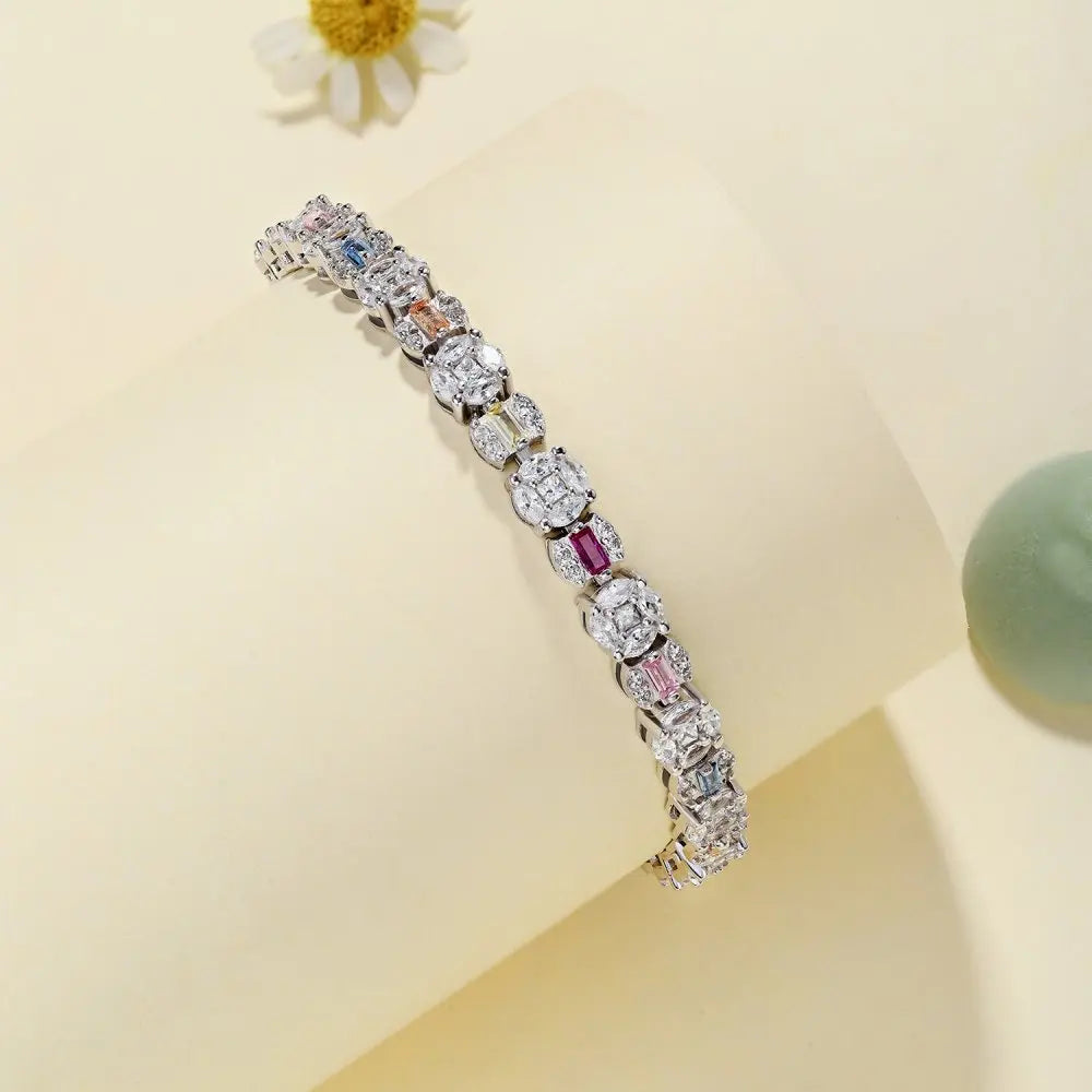 Square Shape Colorful S925 Sterling Silver Bracelet Jewelry Set Cubic Zirconia Pink Stone  Tennis Bracelets Women