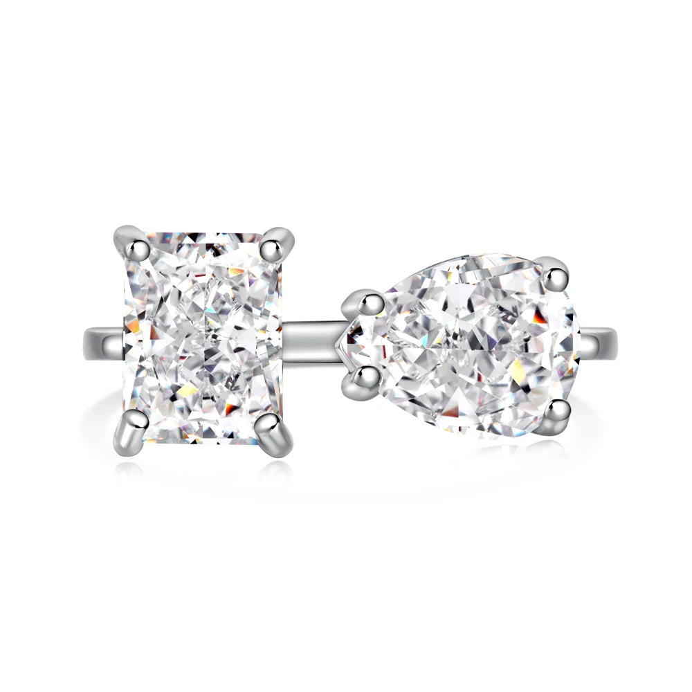 Eternity Rhodium Plated S925 Silver 2 Stone Engagement 1.5ct Pear Shape Zircon Open Adjustable Wedding Anniversary Ring