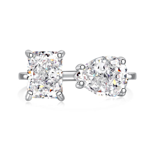 Eternity Rhodium Plated S925 Silver 2 Stone Engagement 1.5ct Pear Shape Zircon Open Adjustable Wedding Anniversary Ring