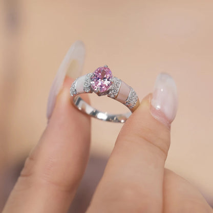 Exclusive Design Fine Jewelry S925 Silver 1.25ct Oval 5A Cubic Zirconia Natural Pink Shellfish Eternity Band Women Rings
