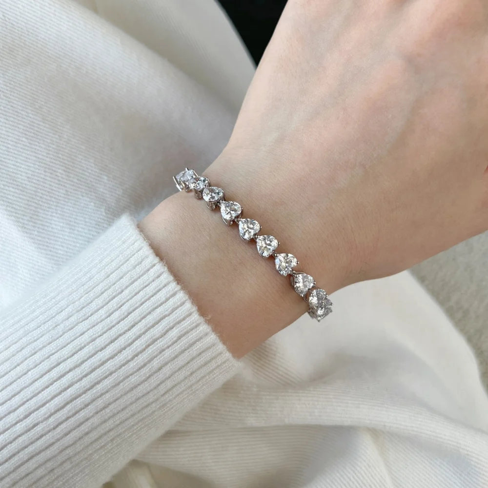 Classic Iced Out Heart Shape Tennis Bracelet Sterling Silver Cz Cubic Zirconia Bracelet 925 Silver Bracelets For Women