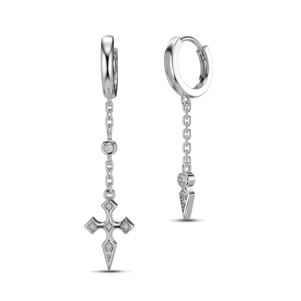 Personalized Statement Design S925 Silver Dissymmetry 5A Zirconia Religious Tassel Cross Pendant Hoop Jewelry Earrings