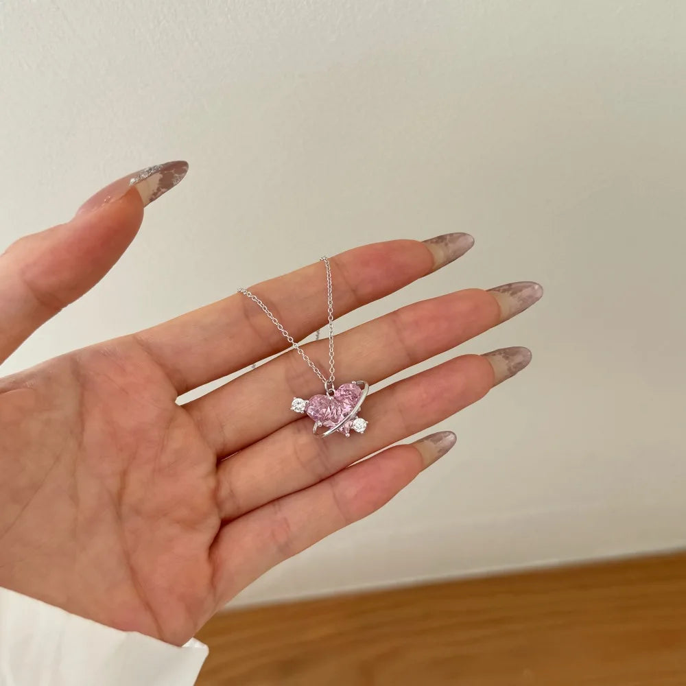 Fashion New Arrival S925 Silver Fade Free Link Chain 5A Cubic Zirconia Pink Diamond Heart Love Pendant Necklace Jewelry