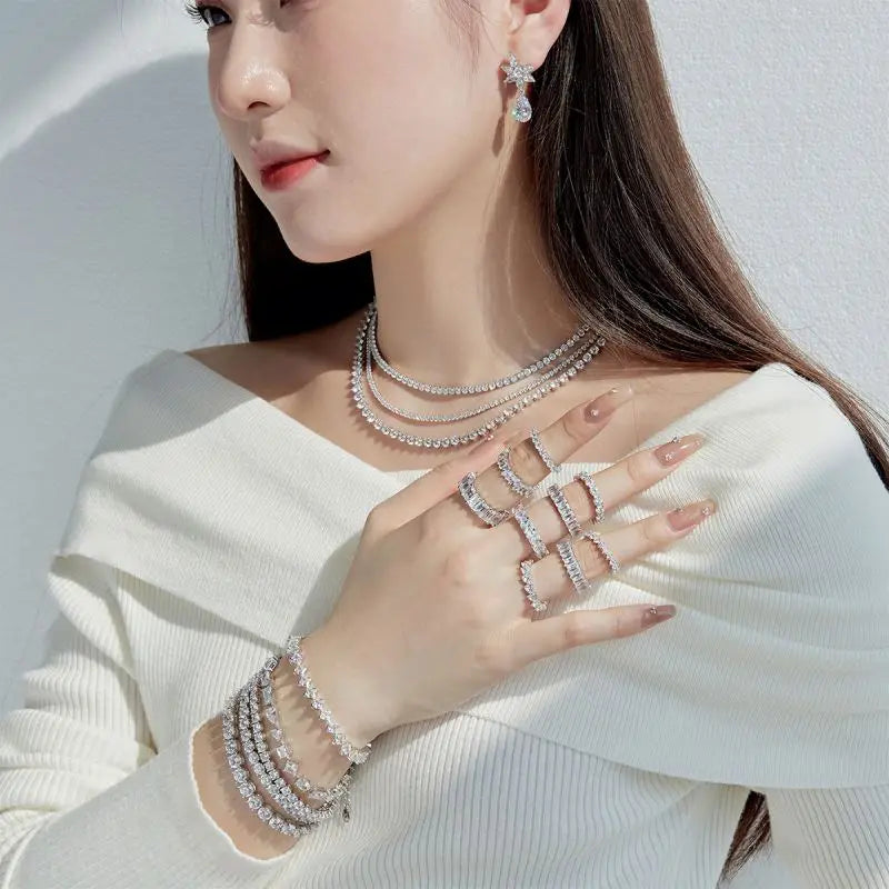 925 Sterling Silver Bracelet Rhodium Plated 4mm Square 5A Cubic Zirconia Jewelry Bangle Tennis Bracelets for Women
