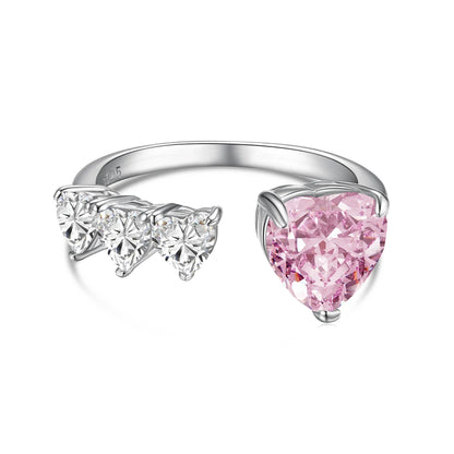 Sweet Design Fine Jewelry S925 Silver Non Fade Rhodium Plated Heart Shape 8A Iced Out Cut Cubic Zirconia Open Rings