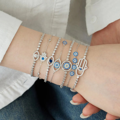 Vintage Minimal 18K Gold Plated Chian 925 Silver Bracelet Cubic Zircon Devil Eyes Hamsa Hand Fatima Lucky Bracelets Women