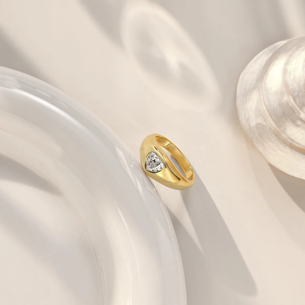 Personalized Design Women Girls Jewellery S925 Silver Gold Plated Chunky Polish Surface Heart Shape 5A Zirconium Rings