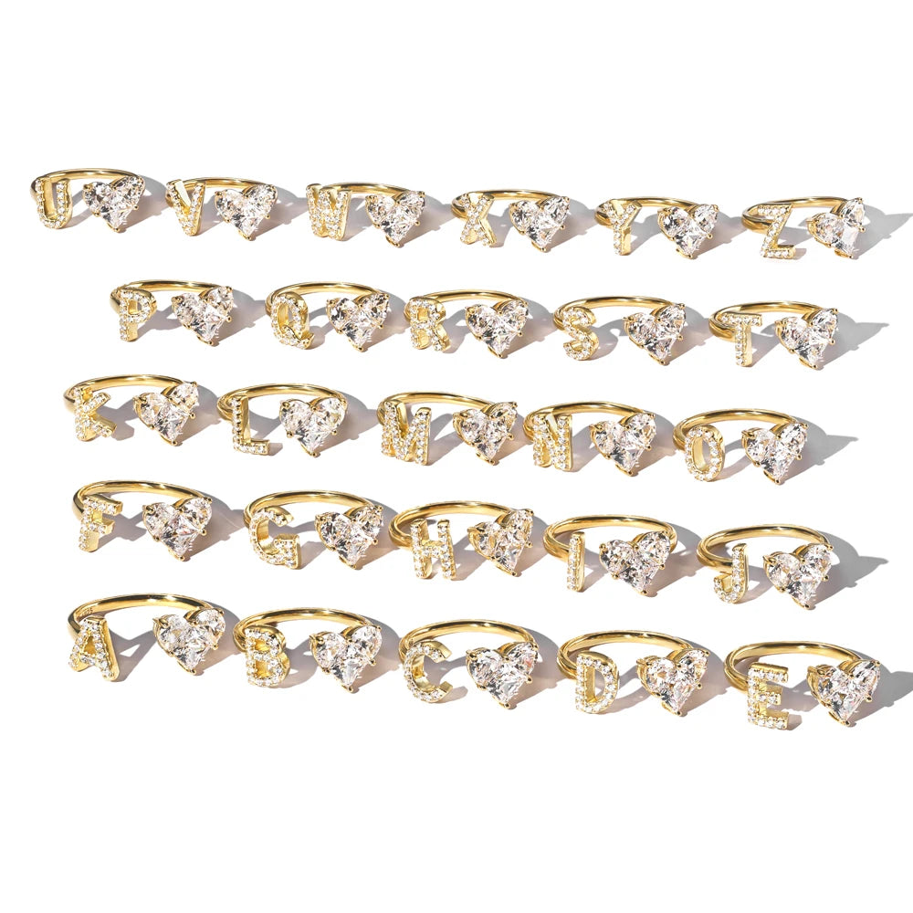 B Initial Letter Ring for Women Gold Stackable Alphabet Ring with Love Heart Shape 5A Cubic Zirconia Rings Bridesmaid Gift
