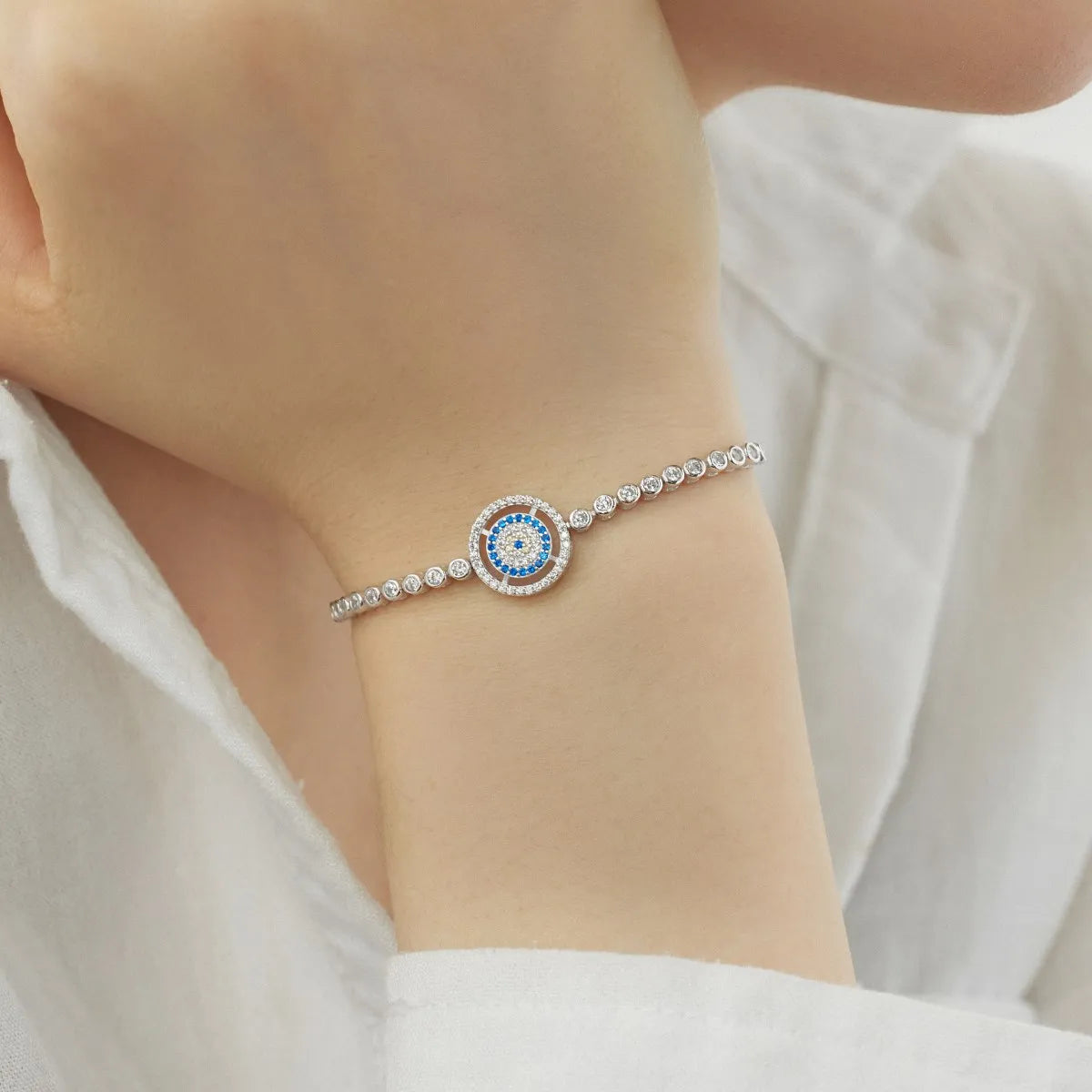 Vintage Waterproof 925 Sterling Silver Lucky Blue Evil Eyes Chain Bracelet Sparkling Cz Cubic Zirconia Bracelets for Women